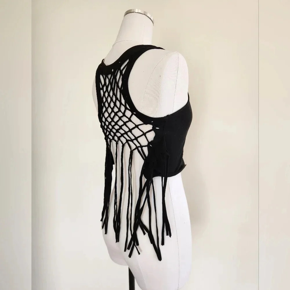 NWT || RAGA || tank top Sz Small with braided, fringed, back. Black, Cropped